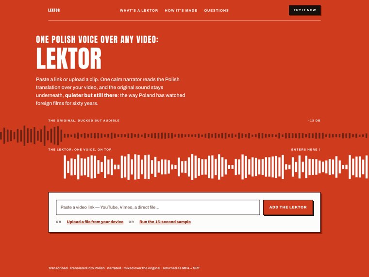 Full-bleed vermilion page with dual waveform bands showing the ducked audio mix
