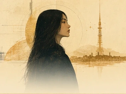 Emi Kobayashi illustrated near a gold disk and Tokyo tower forms.