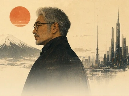 Mina Kuroda illustrated before a red sun and vertical future towers.