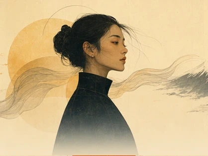 Ren Sato illustrated before Mount Fuji and flowing translucent forms.