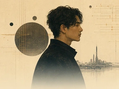 Ryo Fujimoto illustrated near dark circular geometry and warm technical markings.