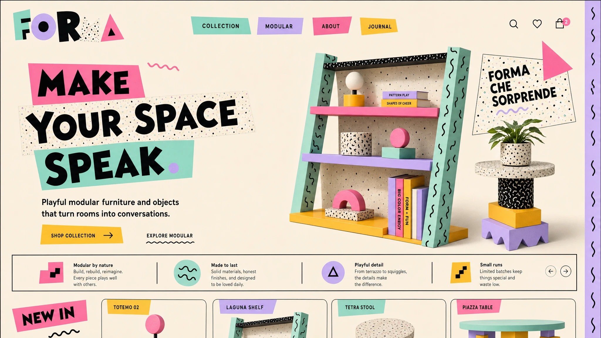 The same world as a full desktop hero for a furniture shop, with cut-paper headline blocks over a photographed pink and mint showroom.
