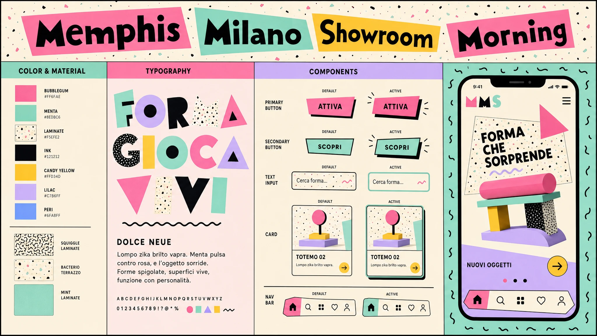 The system board for the Memphis Showroom Morning world: pink, mint, lilac and yellow swatches with terrazzo and squiggle laminates, a heavy display typeface, buttons, inputs, cards, and a nav bar.