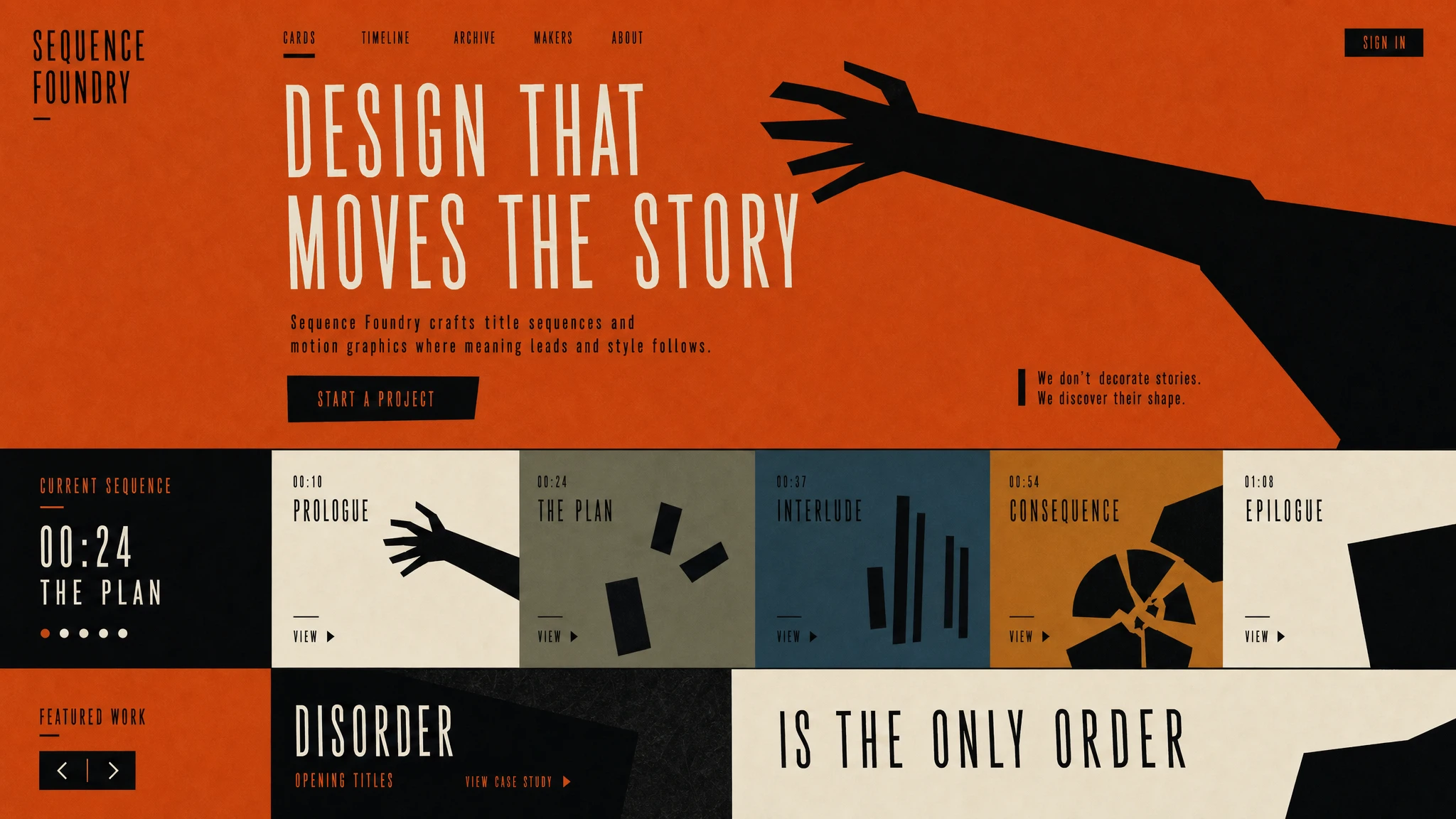 A world card rendered as a hero page in cut-paper style: an orange field, a black reaching hand, and the headline Stories move people.